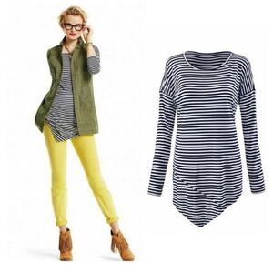 CAbi Boat Stripe Tee Top Blue & White Long Sleeve Asymmetrical Hem Medium #5064